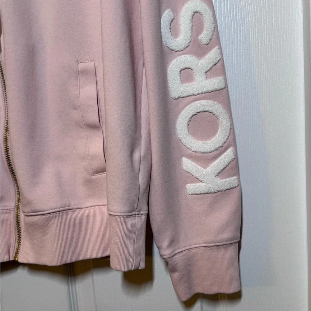 Michael Kors Womens Pink Zip Up Hoodie KORS Sleeve Logo Sweatshirt Size Medium